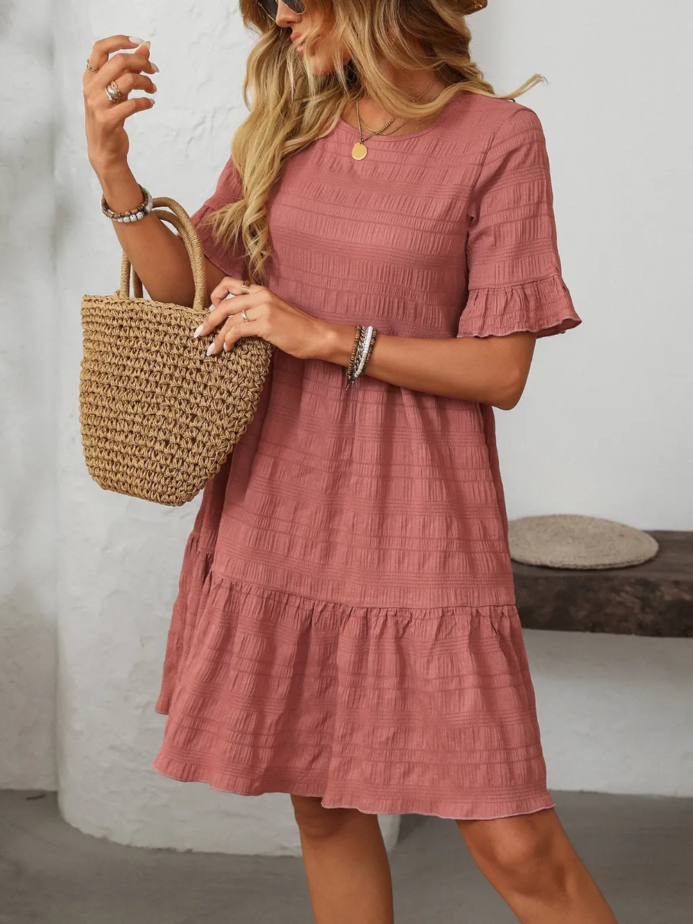 Ruffled Ruched Round Neck Half Sleeve Dress, image 12