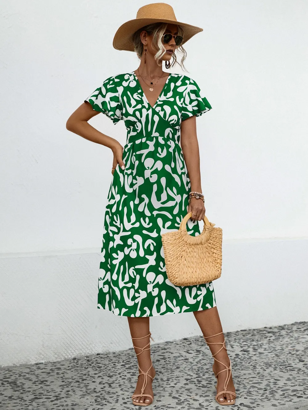 Printed V-Neck Short Sleeve Dress, image 6