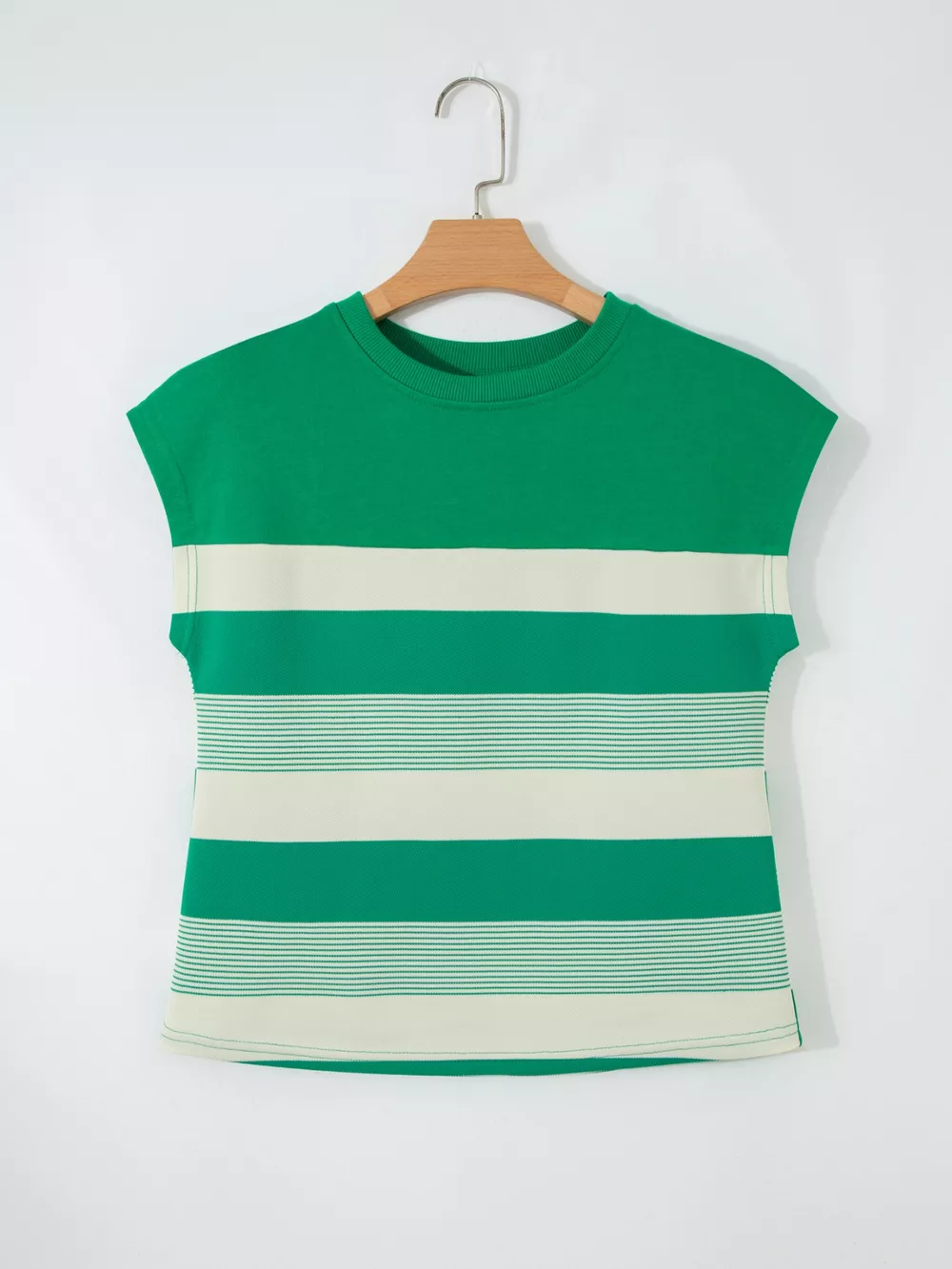 Stripe Mixed Print Crew Neck Cap Sleeve T Shirt, image 5