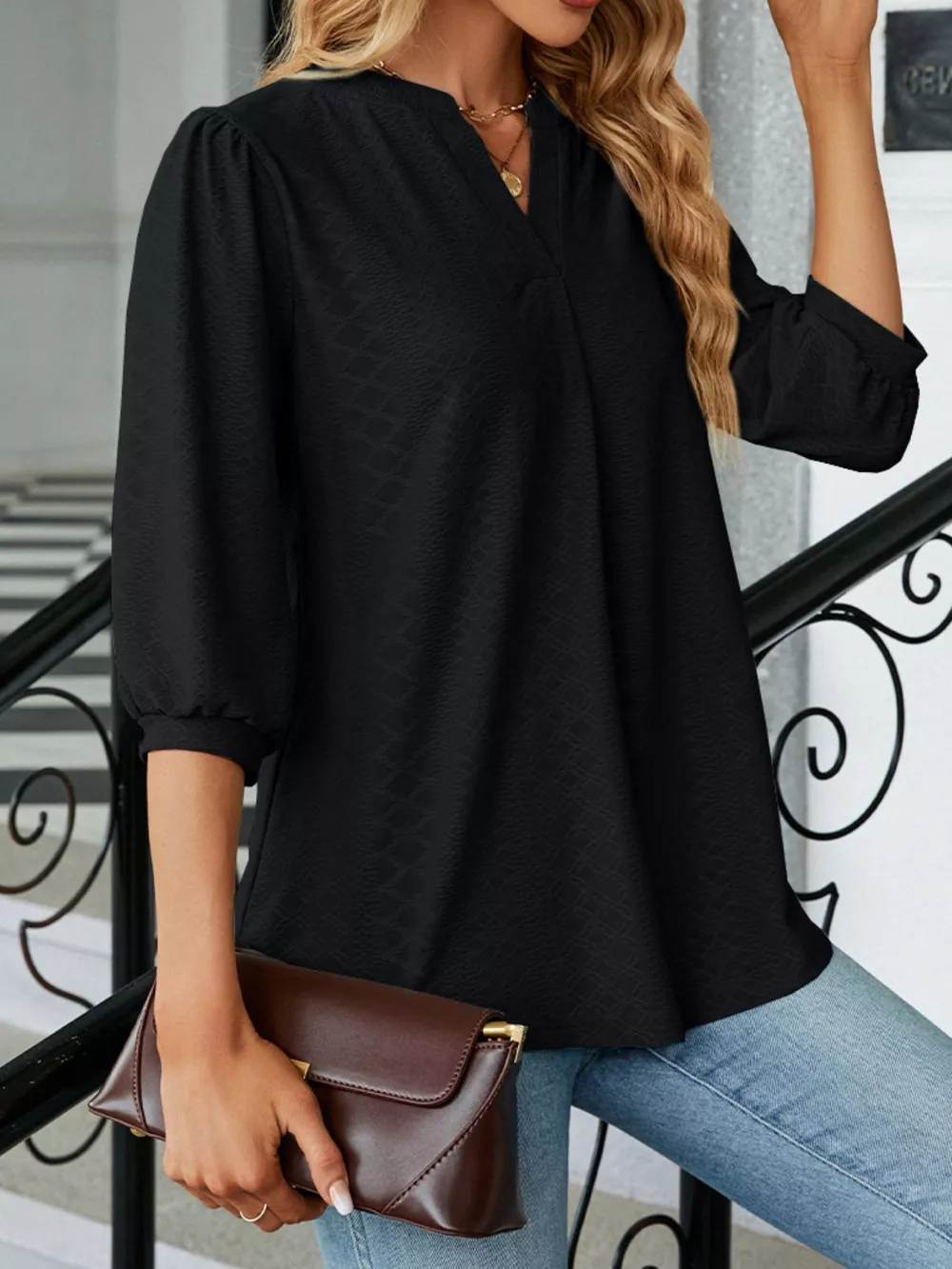 Notched 3/4 Sleeve Casual Top, image 18