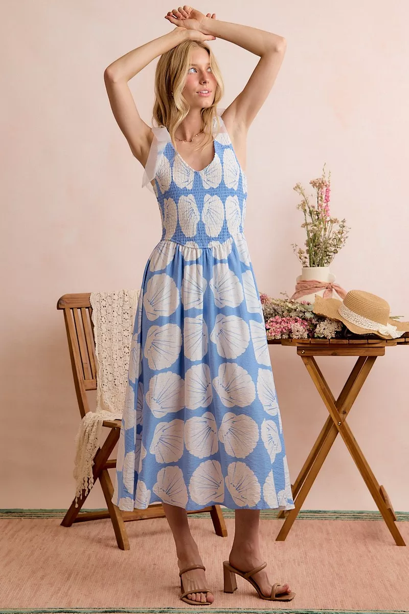 Shell Smocked Bodice Shoulder Tie Lined Midi Dress, image 12