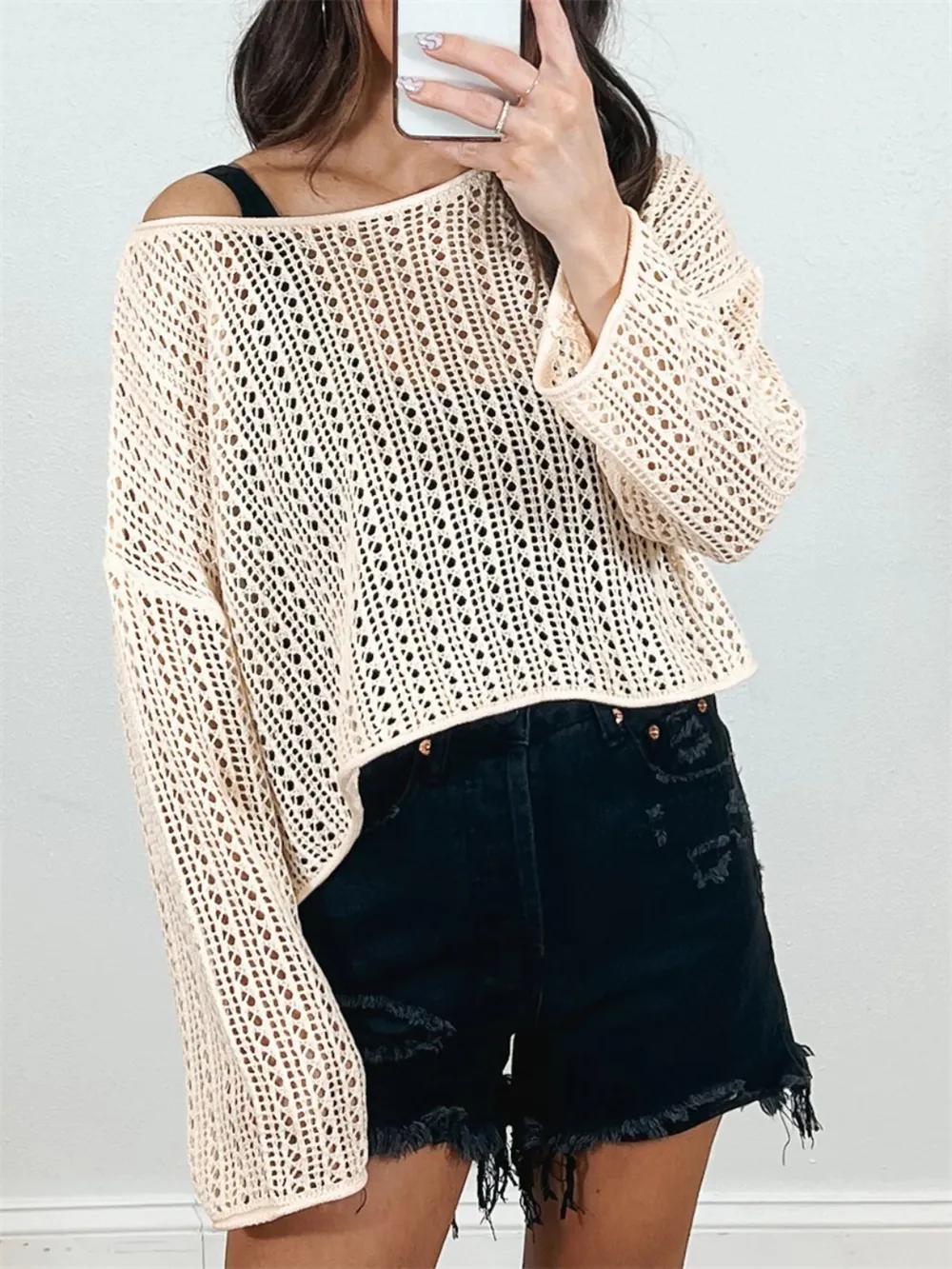 Openwork Long Sleeve Knit Cover Up, image 4
