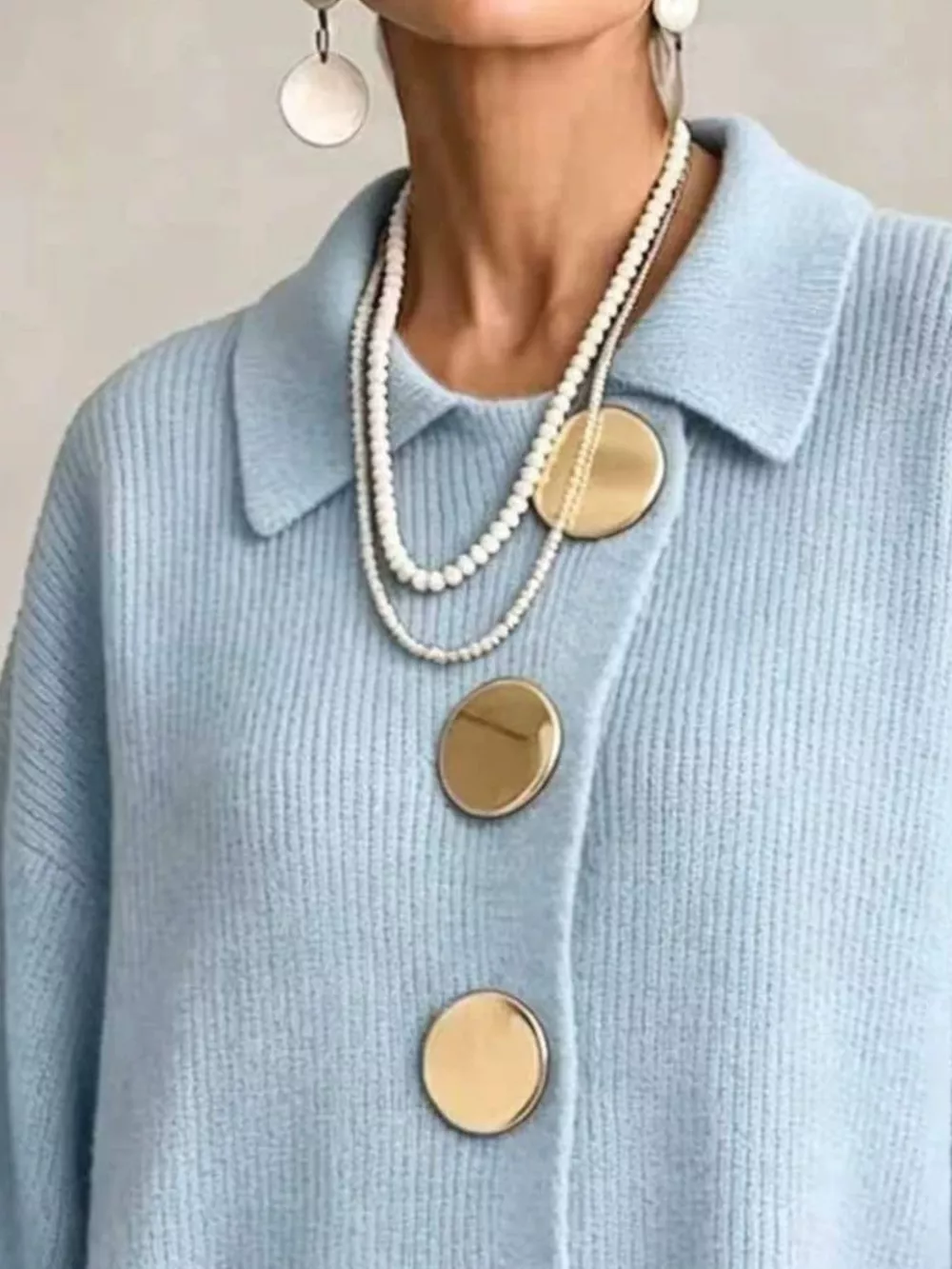 Full Size Gold Buttons Lantern Sleeve Cardigan Plus Size, image 5