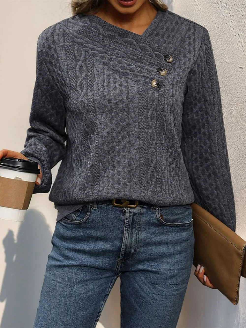 Decorative Button Long Sleeve Sweatshirt, image 4