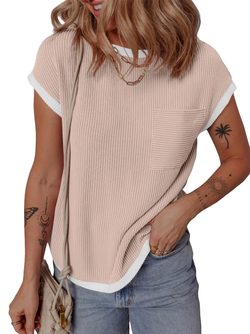 Contrast Trim Round Neck Short Sleeve T-Shirt, image 30