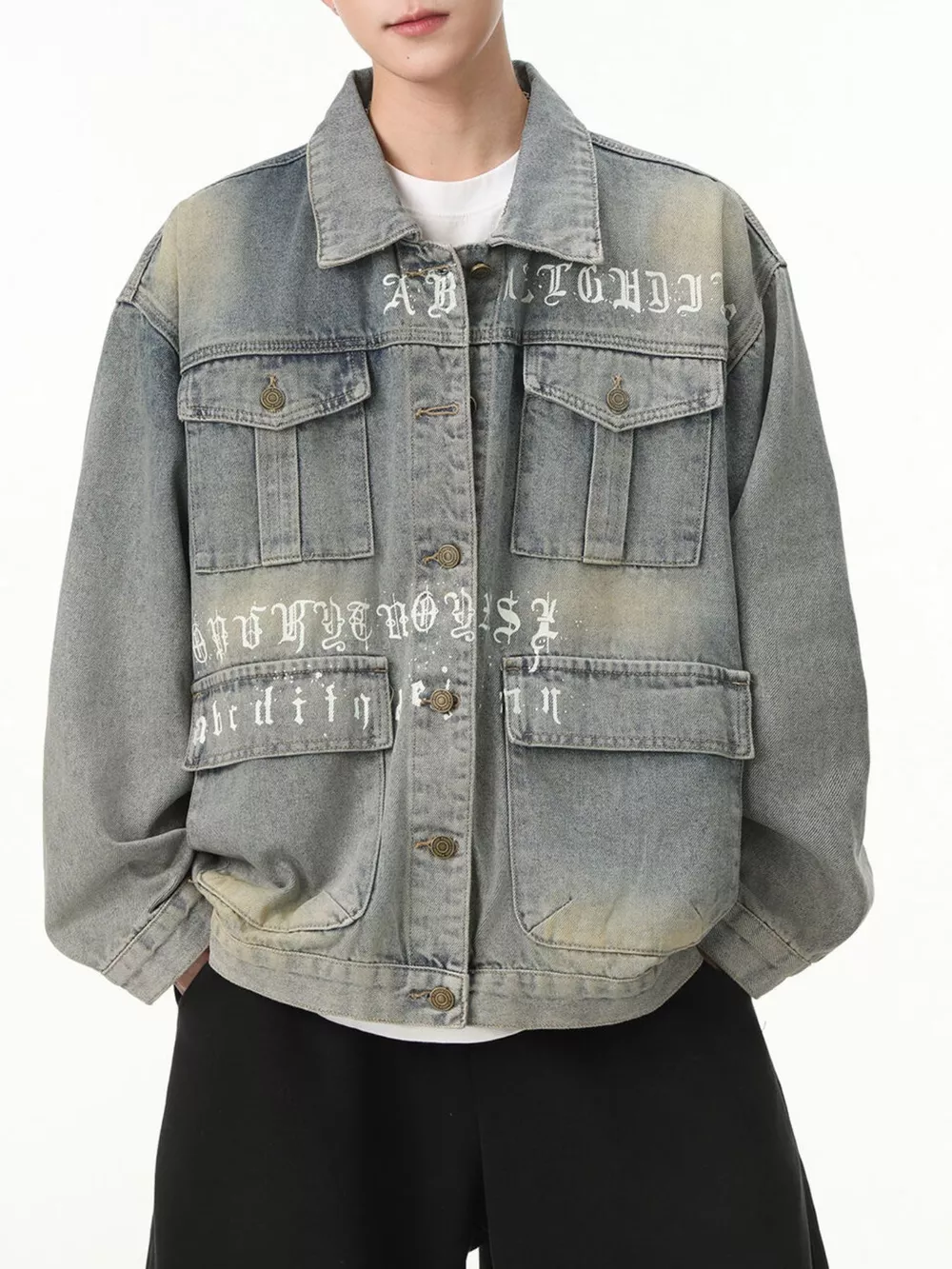 Men's Letter Print Washed Denim Jacket, image 2