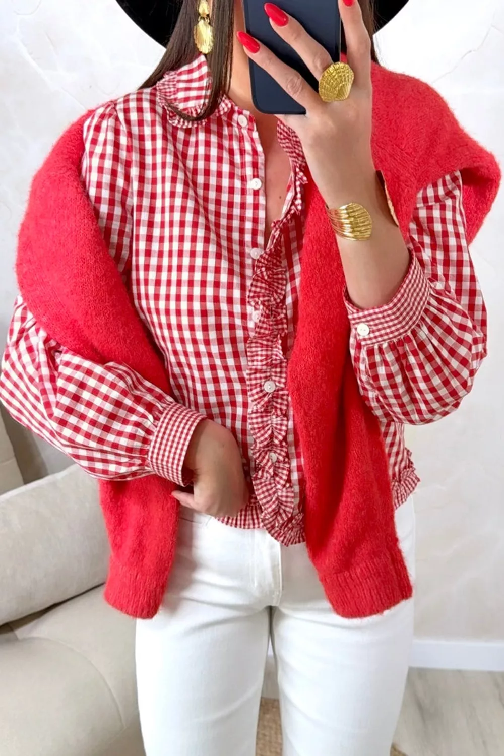 Plaid Long Sleeve Button Down Frill Detail Casual Shirt, image 2