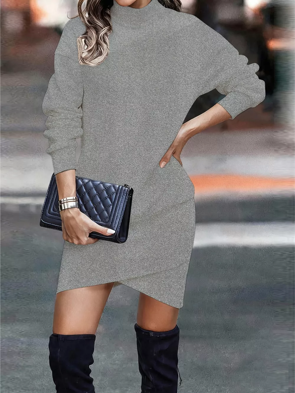 Turtleneck Long Sleeve Asymmetrical Hem Mini Dress, image 9