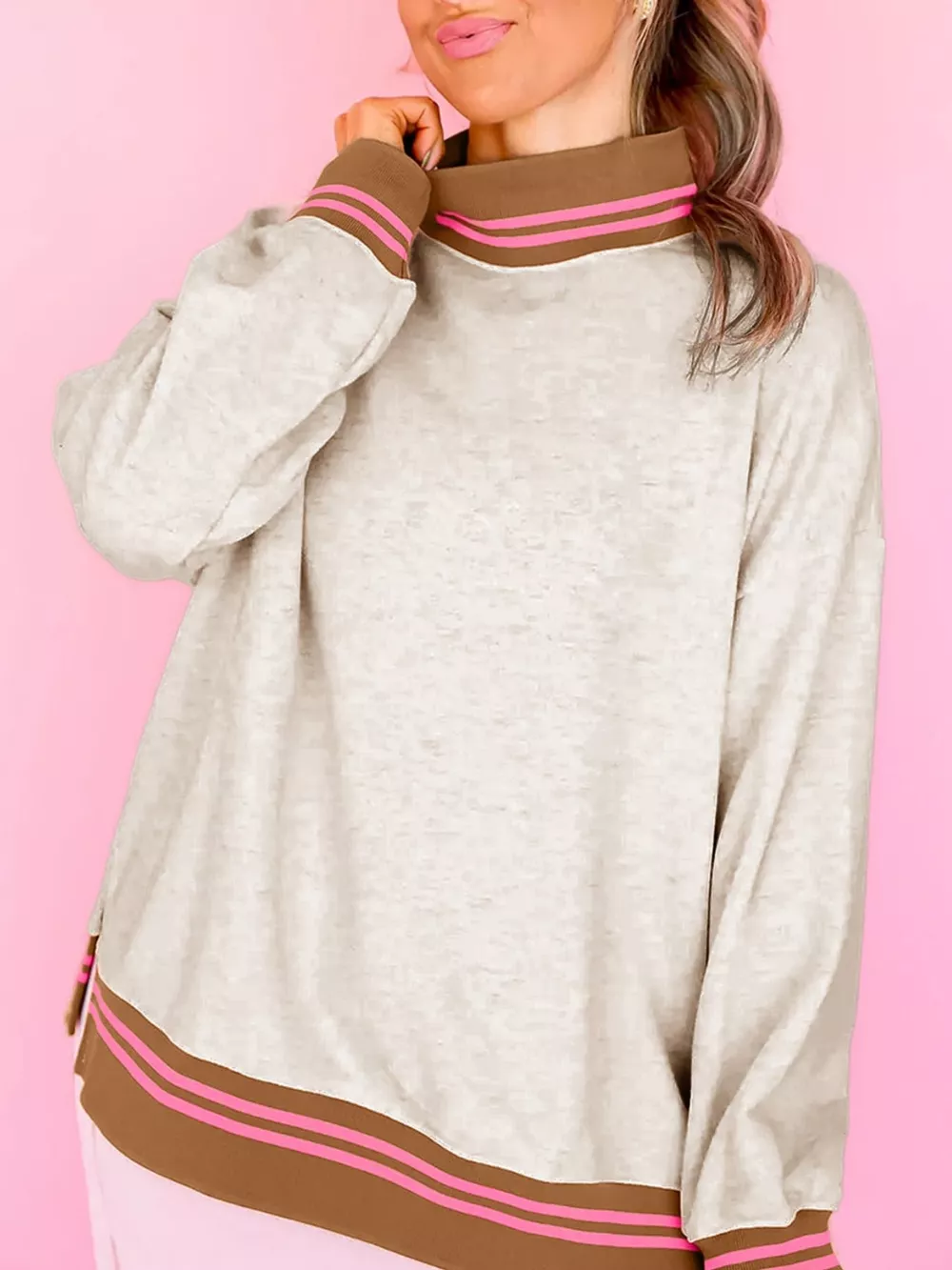 Ribbed Stand Neck Long Sleeve Loose Fit Sweatshirt, image 2