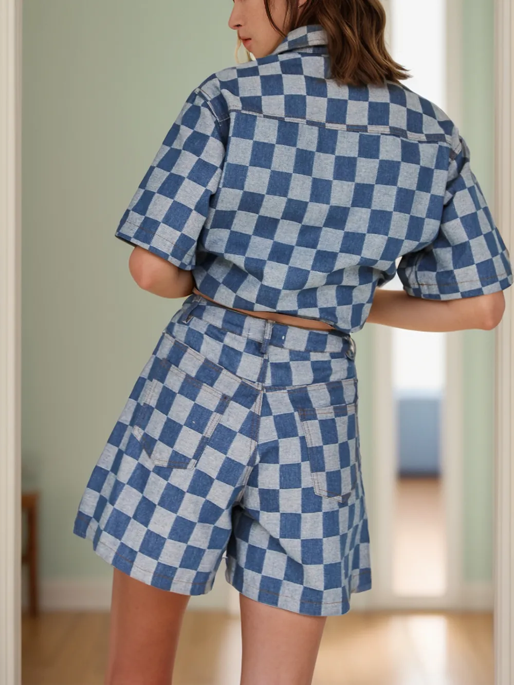 Checkered Button Up Half Sleeve Top and Shorts Set, image 2