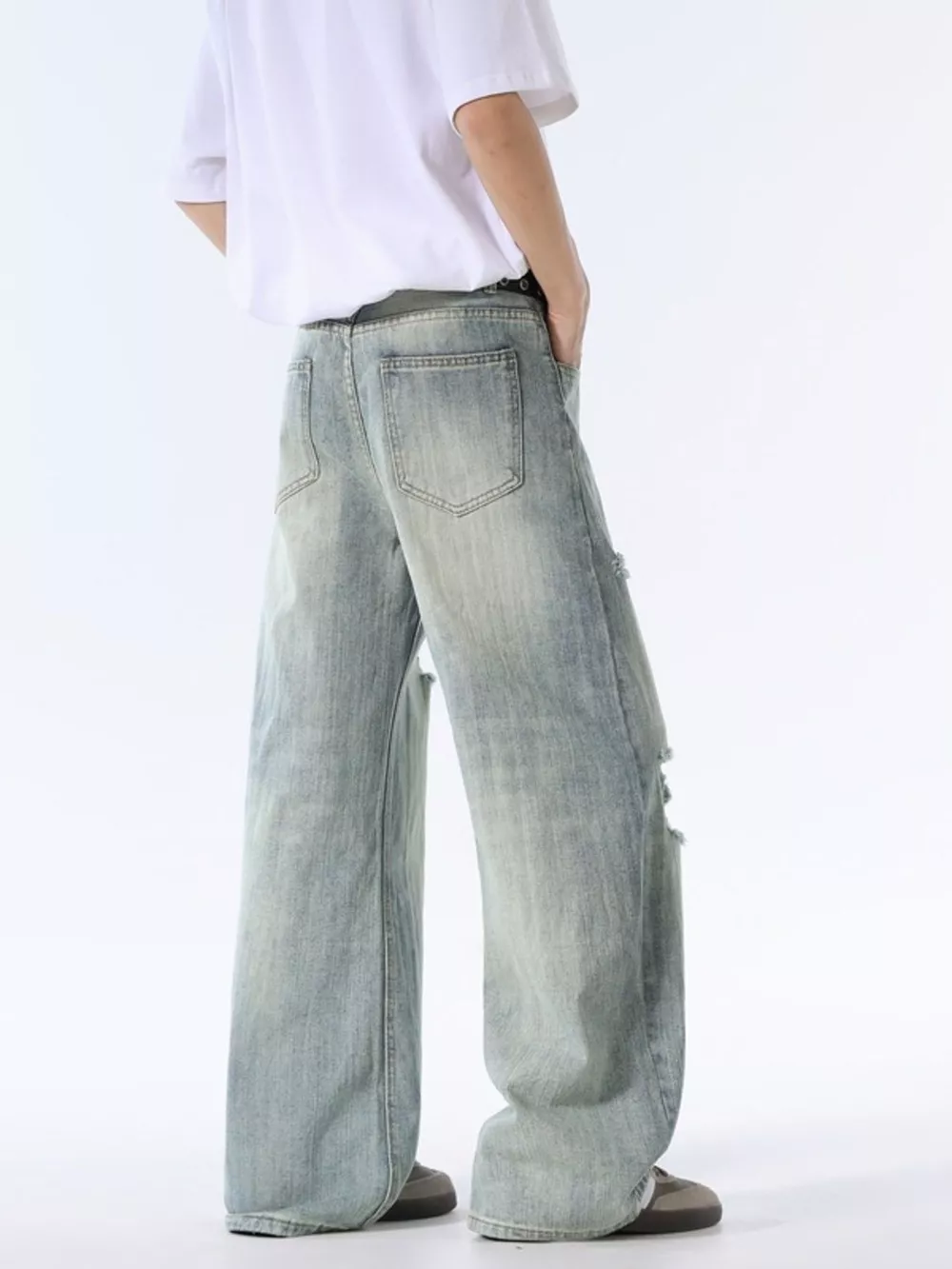 Men's Wash Distressed Wide Leg Jeans, image 4