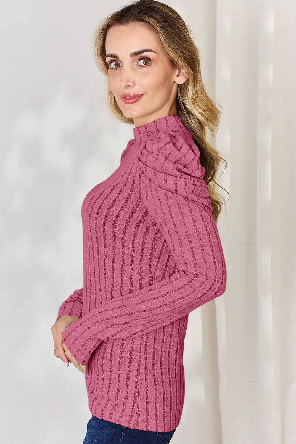 Full Size Ribbed Mock Neck Puff Sleeve T-Shirt, image 17