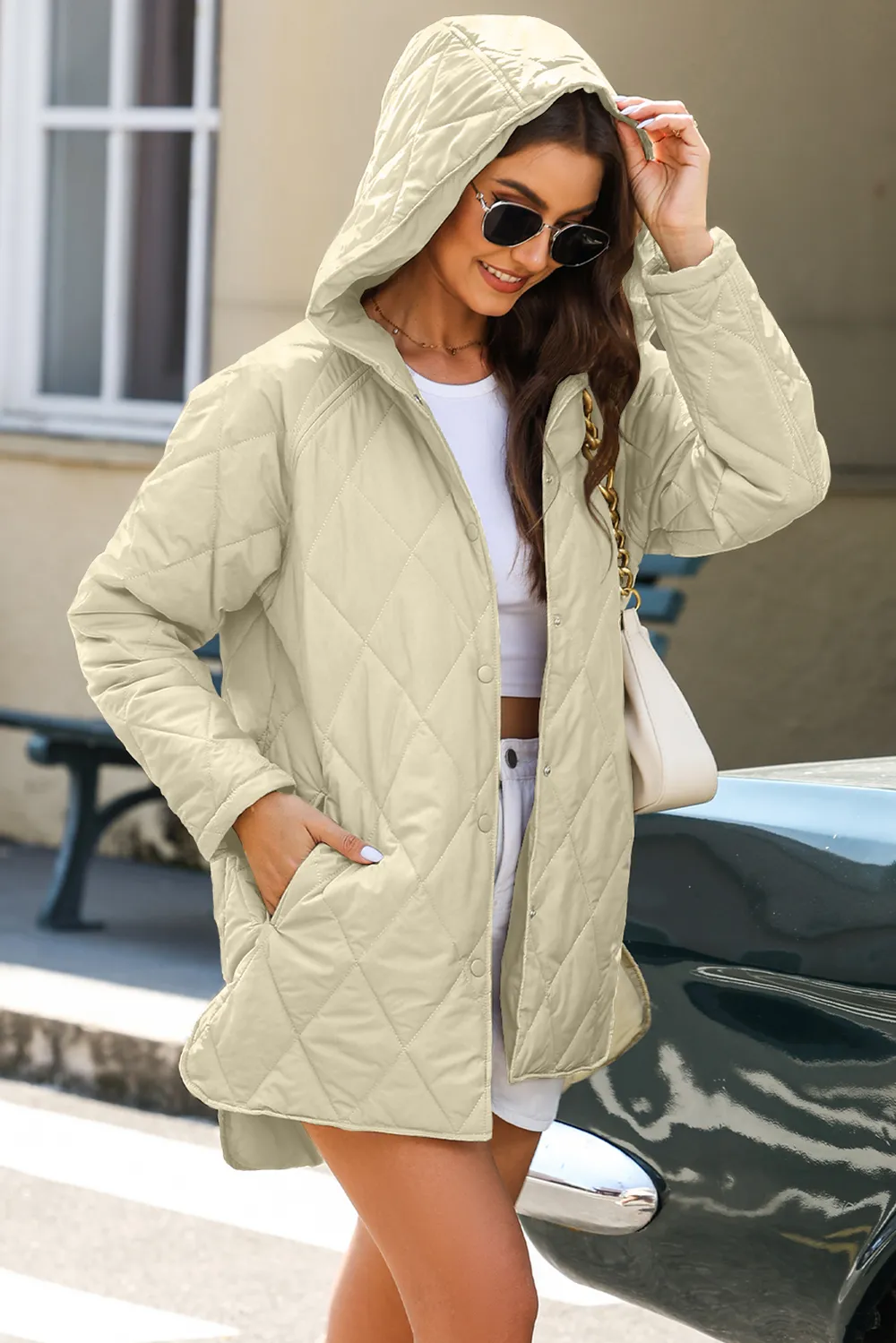 Snap Down Long Sleeve Quilted Winter Coat, image 4