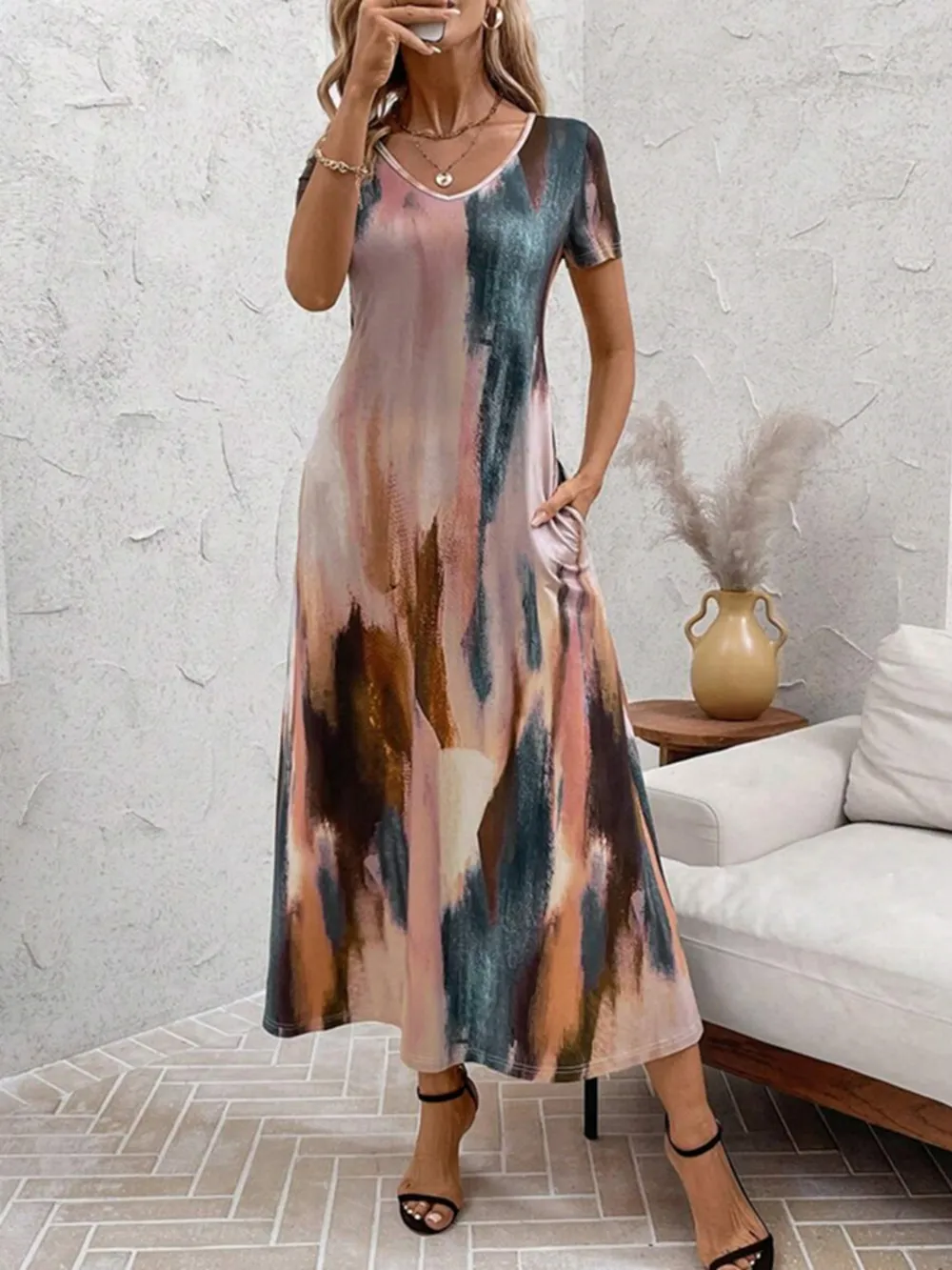 Tie-Dye V-Neck Short Sleeve Midi Tee Dress, image 6
