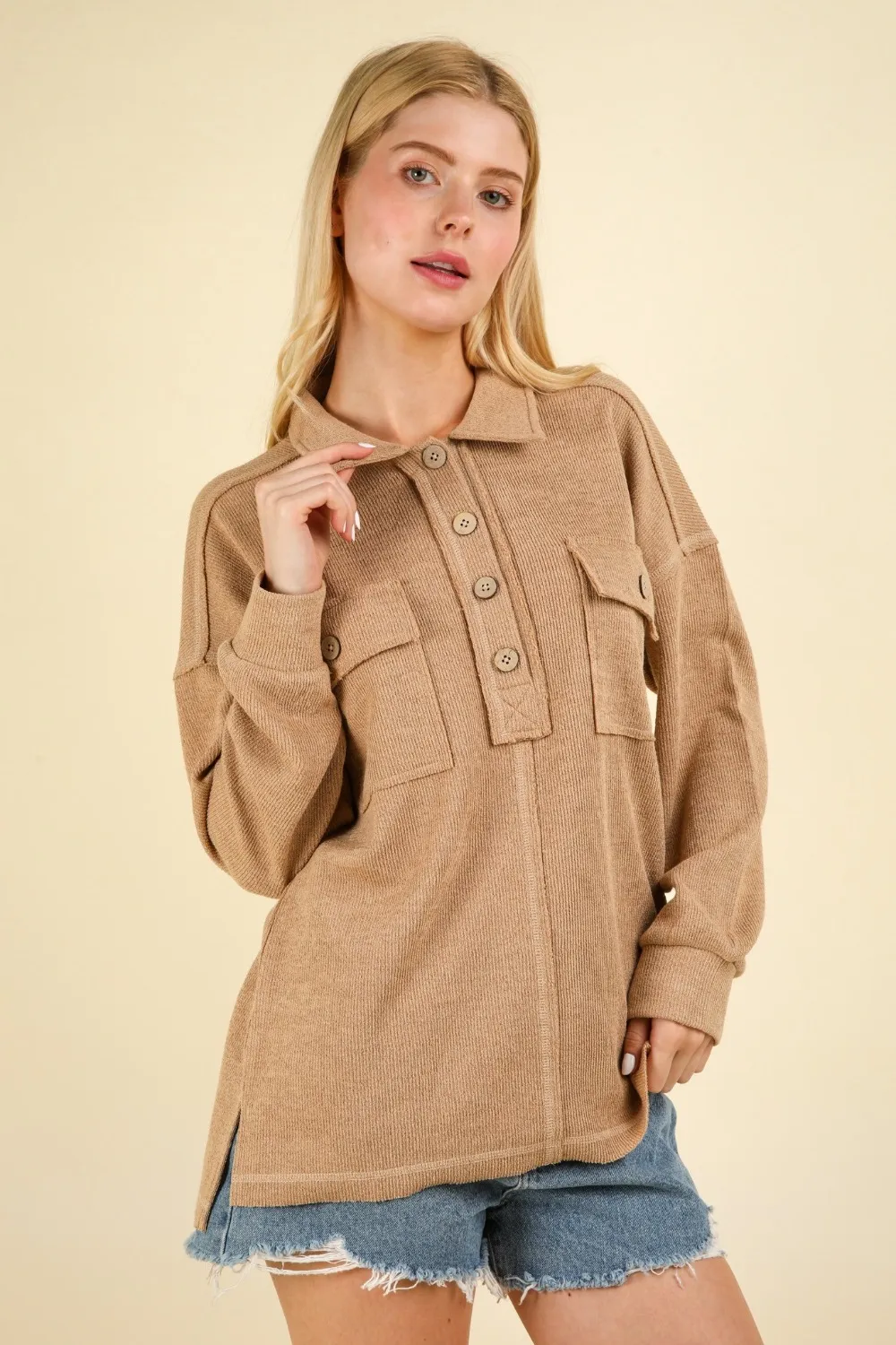Collared Half Button Knit Top with Pockets, image 4