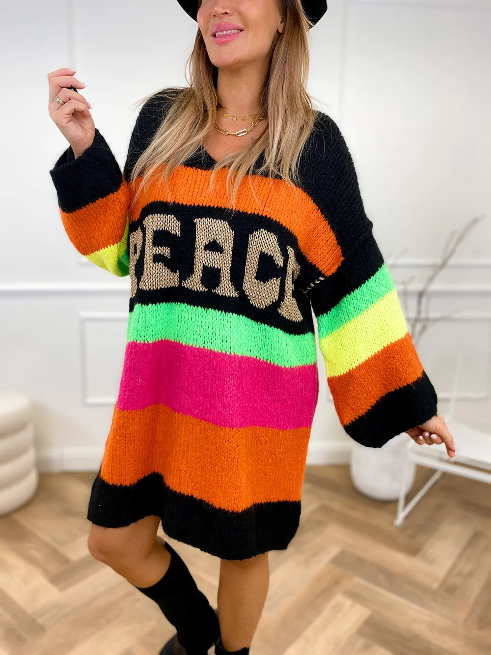 Color Block V-Neck Long Sleeve Sweater Dress, image 15