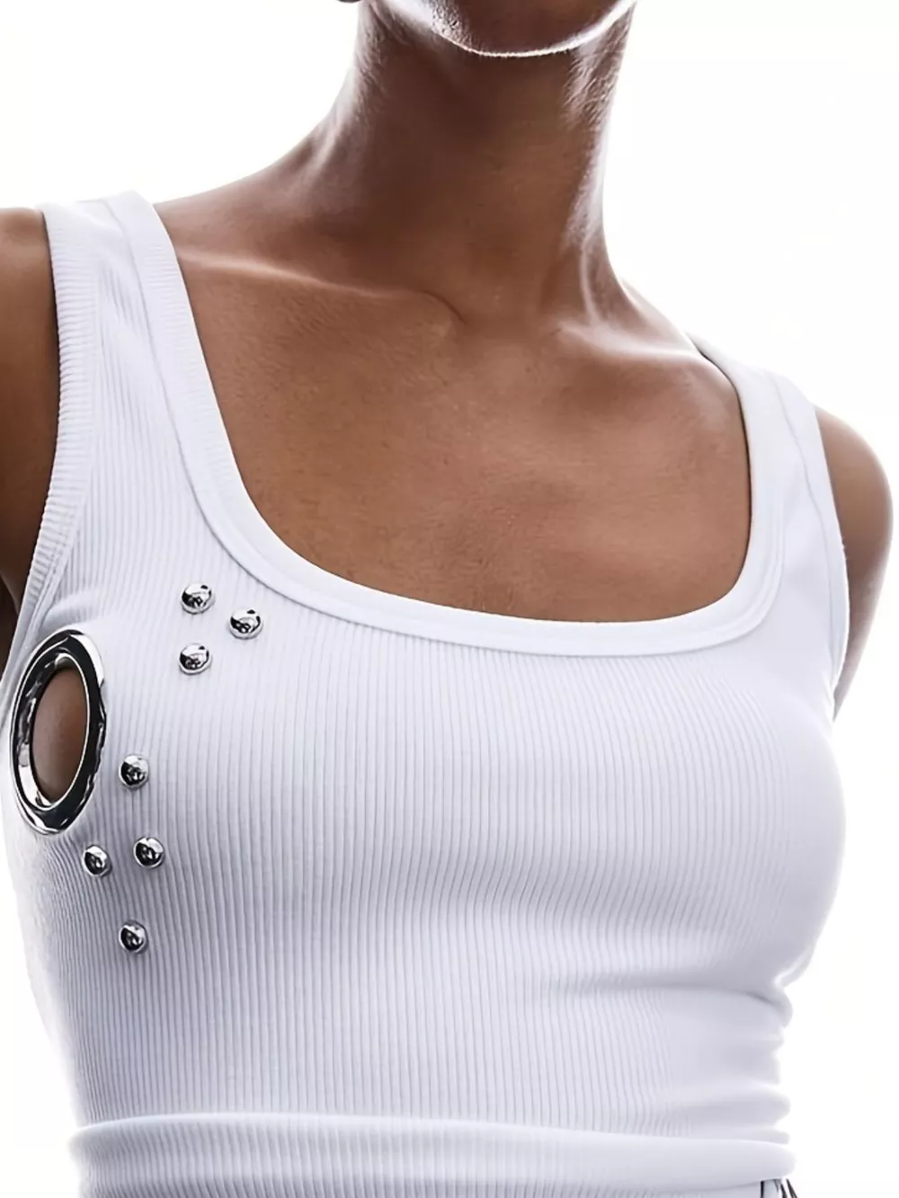 Ribbed Tank Top with Metal Grommet Cutouts and Stud Embellishments, image 8