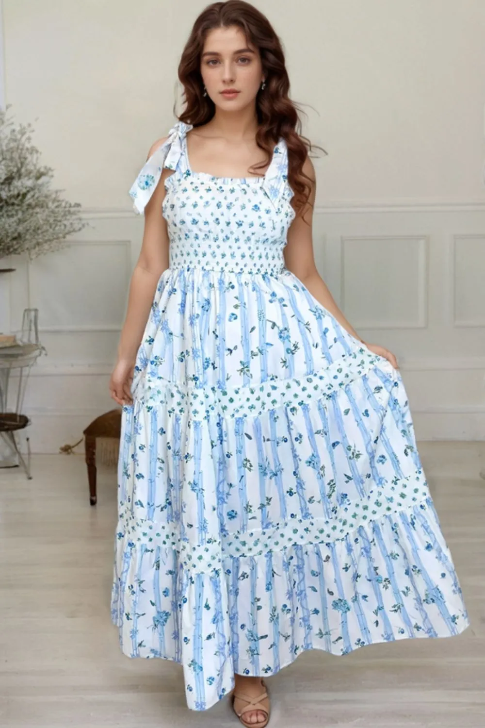 Floral Smocked Tied Straps A-Lined Tiered Dress, image 4