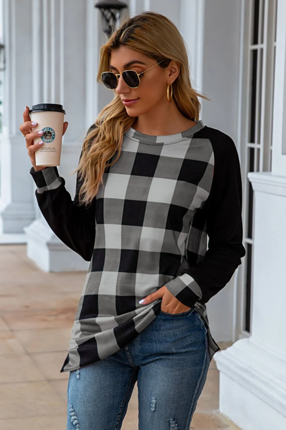 Plaid Round Neck Long Sleeve T-Shirt, image 8