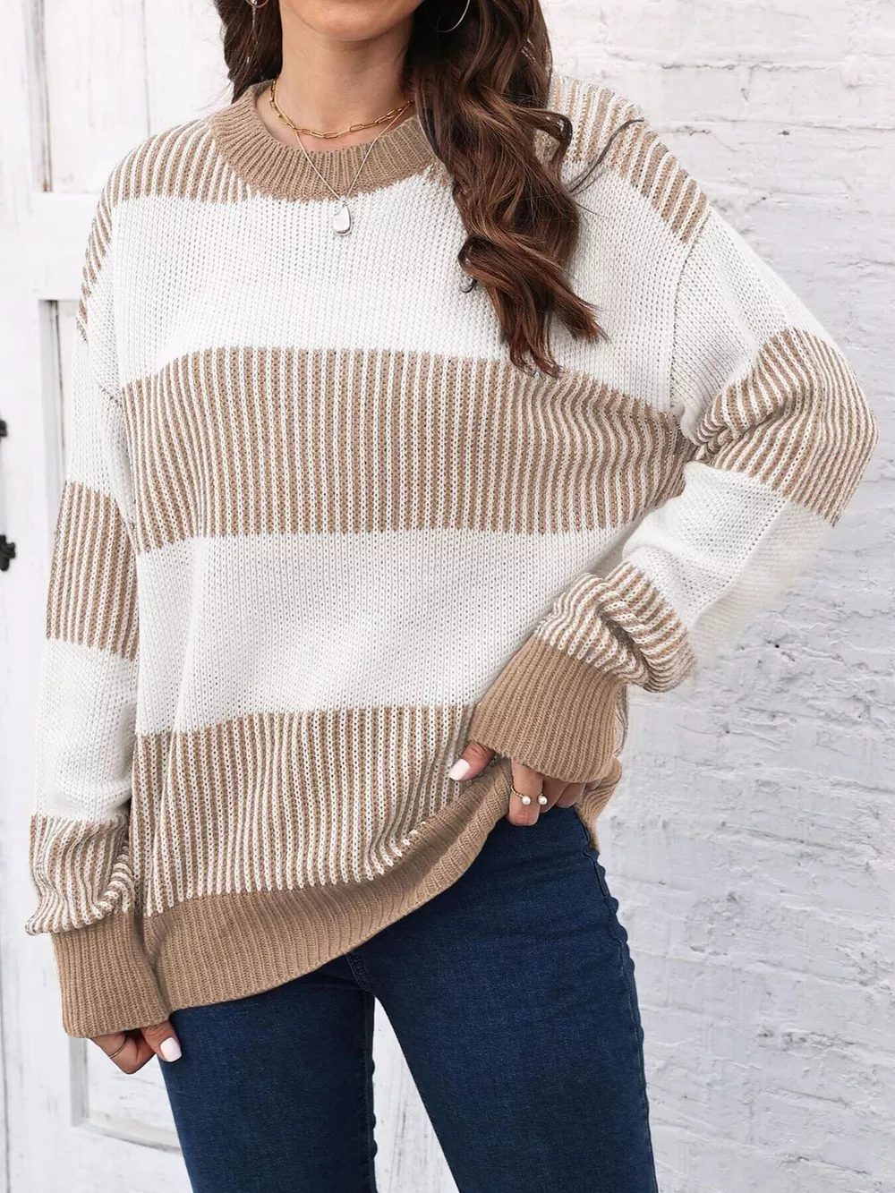 Full Size Striped Color Block Crew Neck Sweater Plus Size, image 8