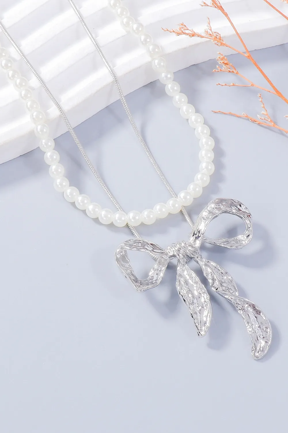 Synthetic Pearl Necklace, Bow Necklace and Bow Earrings Jewelry Set, image 3