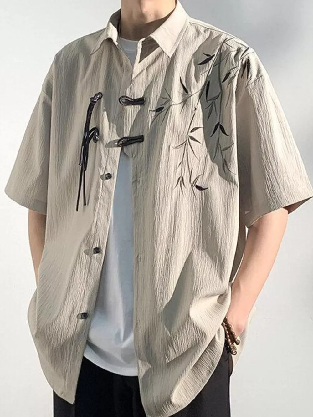 Men's Plus Size Casual Bamboo Print Half Sleeve Shirt, image 2