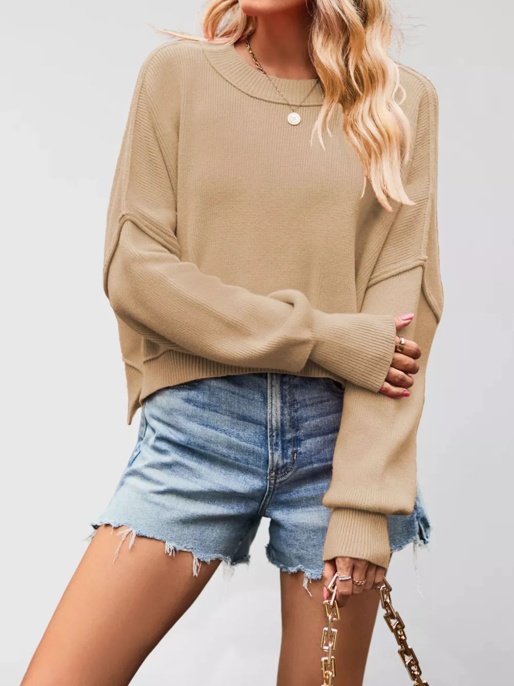 Crew Neck Dropped Shoulder Sweater, image 14
