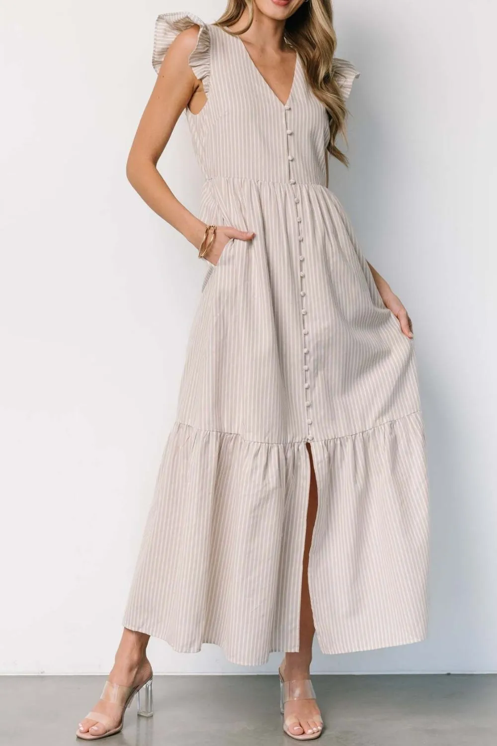 Slit Striped V-Neck Ruffled Cap Sleeve Dress, image 5