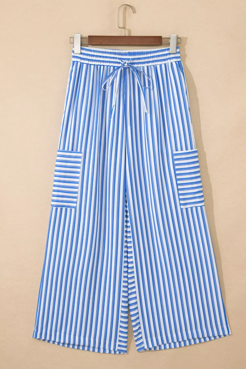 Stripe Drawstring Elastic Waist Patch Pocket Wide Leg Ankle-length Pants, image 4