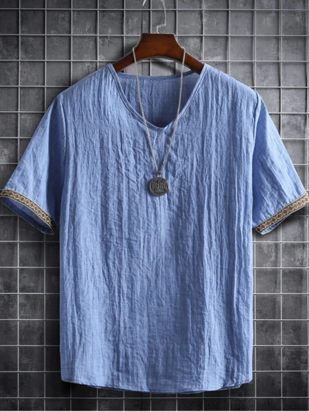 Men's Plus Size Texture Short Sleeve Top with Ethnic Trim, image 13