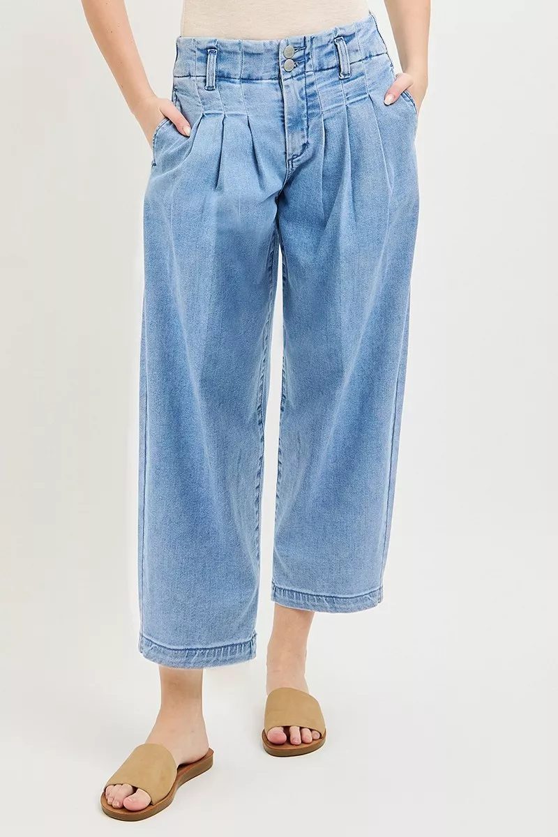 Slouchy Crop Barrel Pleated Jeans, image 2