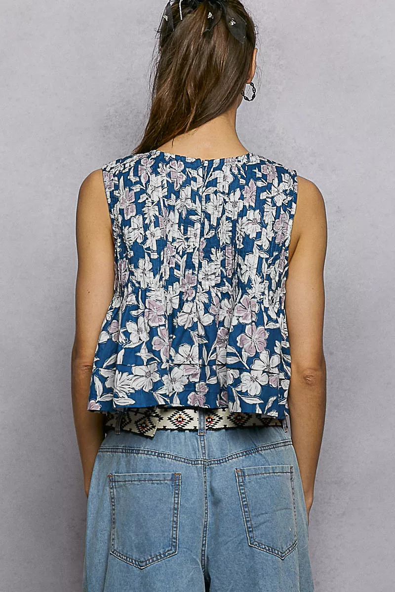 Floral Round Neck Cropped Pintuck Tank, image 4