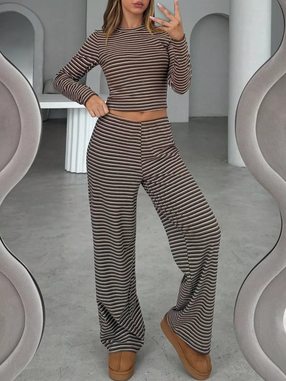 Striped Long Sleeve Crop Top and Wide Leg Pants Two-Piece Set, image 3