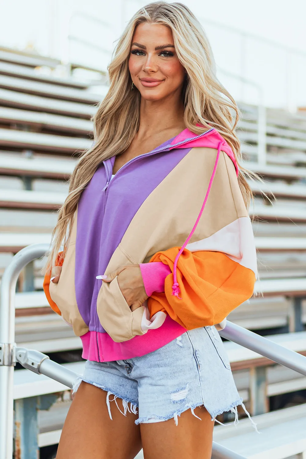 Drawstring Color Block Zip Up Long Sleeve Hoodie, image 5