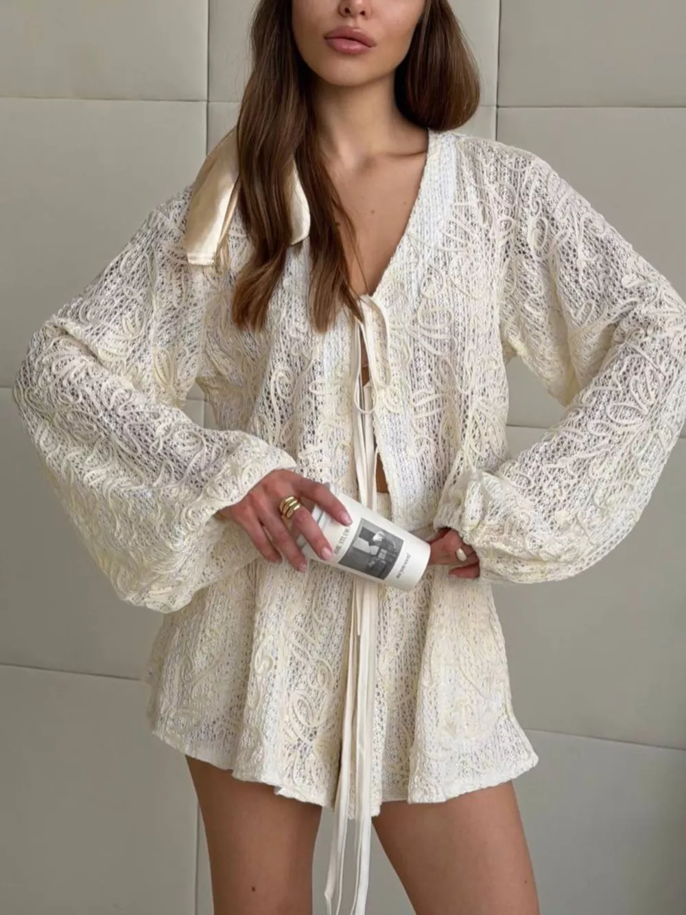 Lace Crochet Tie Front Top and Shorts Two-Piece Lounge Set, image 4