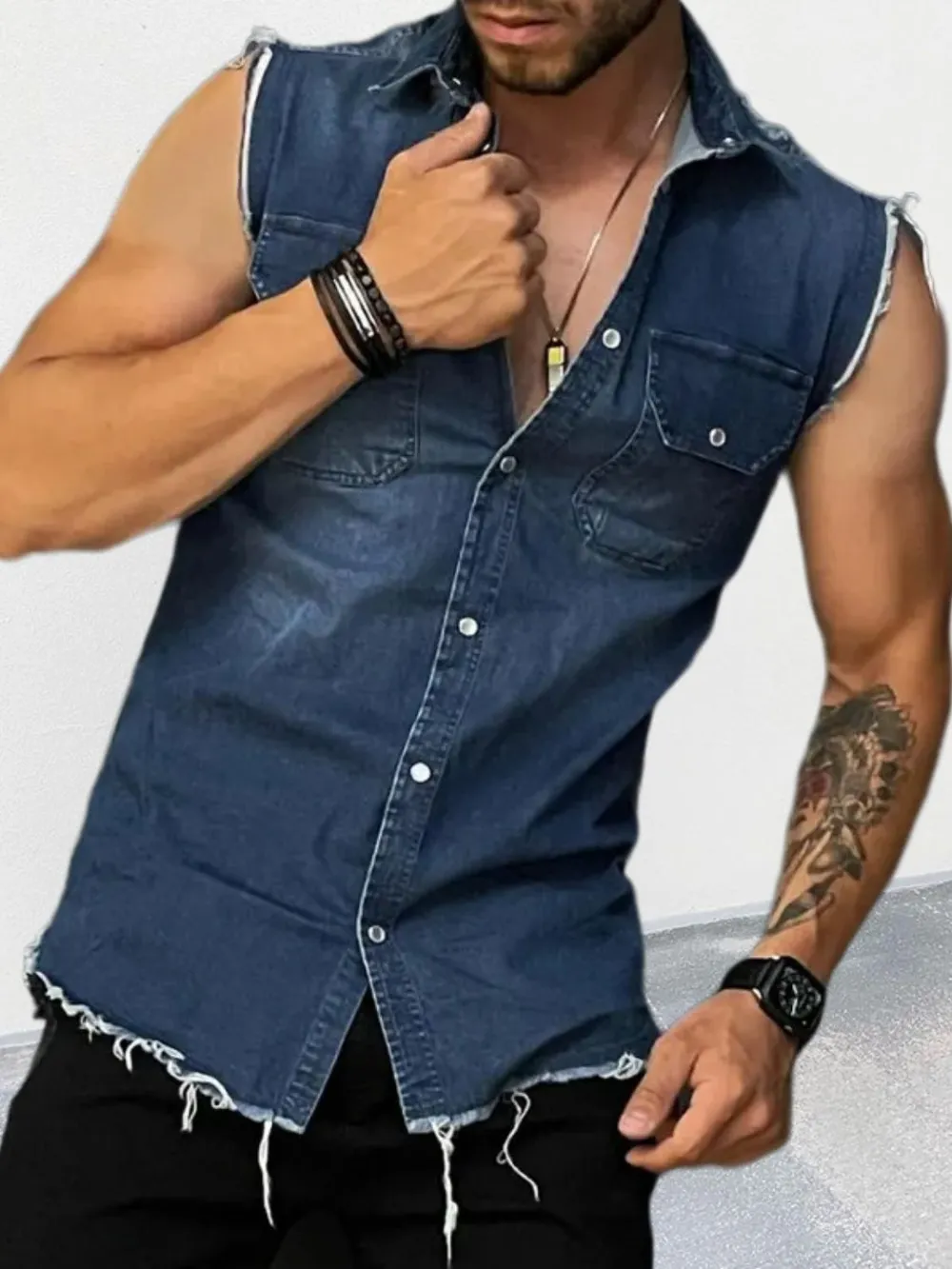 Men's Snap Down Sleeveless Denim Shirt, image 2