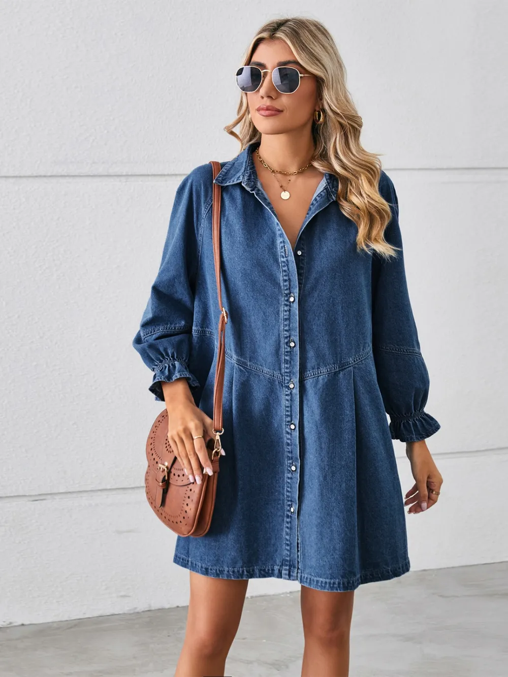 Button Up Flounce Sleeve Mini Denim Dress, image 9