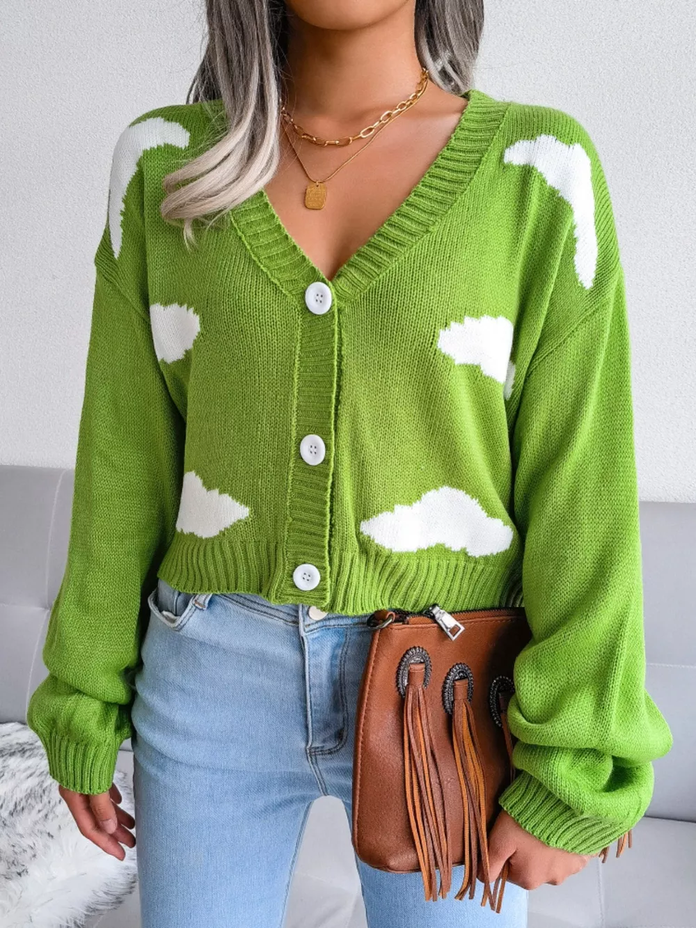 Cloud Pattern Button-Up Cropped Cardigan, image 4