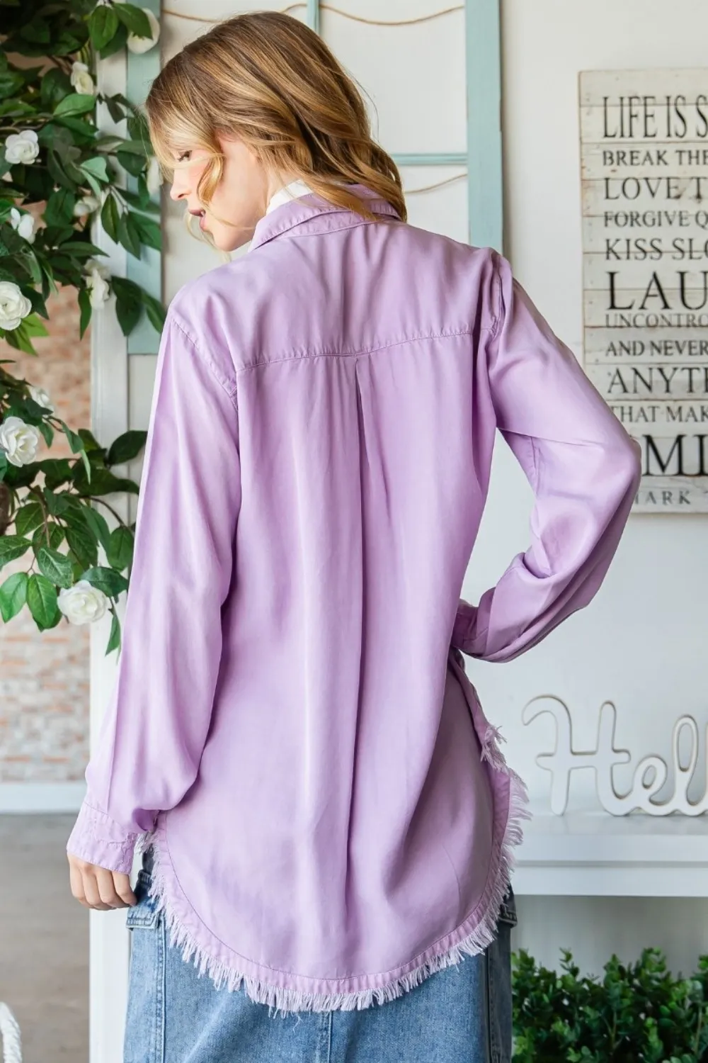 Raw Hem Button Up Long Sleeve Shirt, image 2