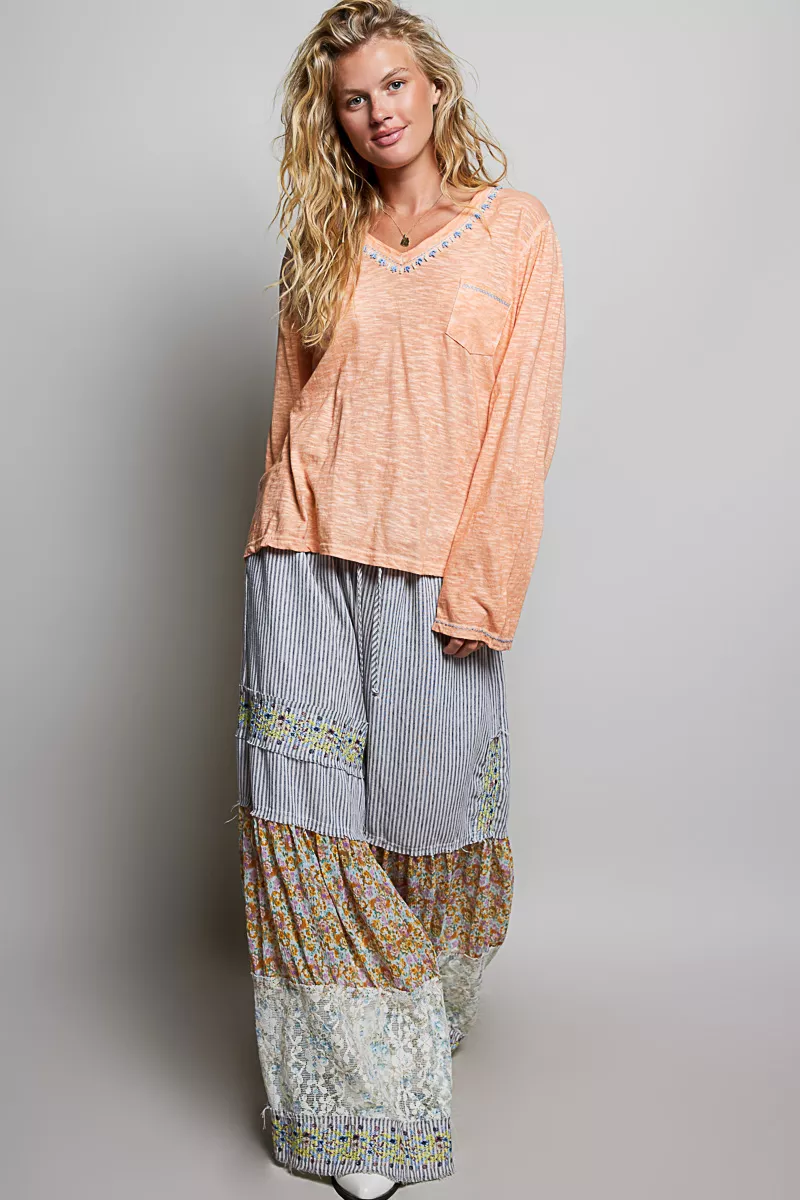POL Contrast Stitch V-Neck Lightweight Knit Long Sleeve Top, image 5