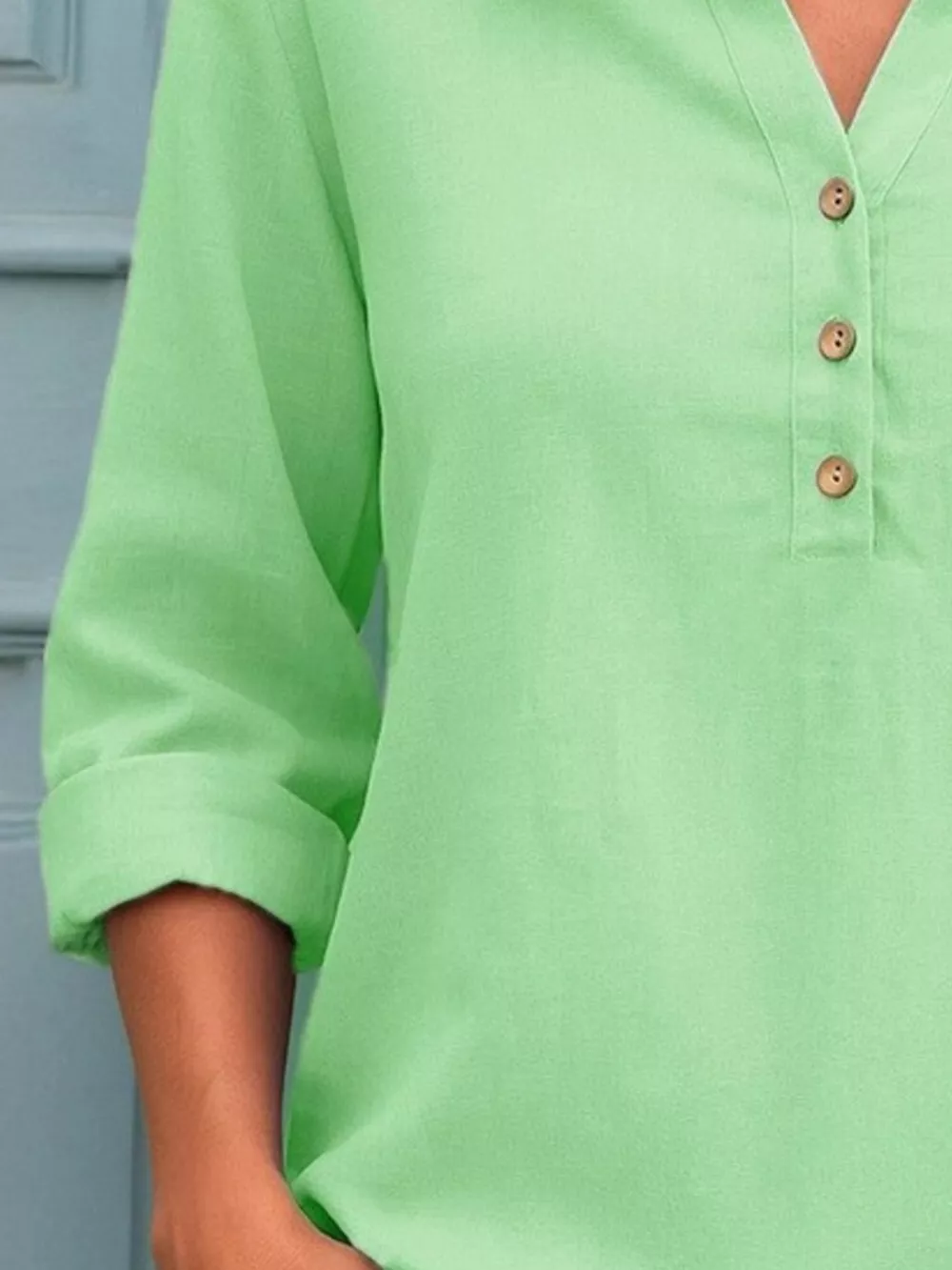 Full Size Button Detail Notched Long Sleeve Blouse Plus Size, image 6