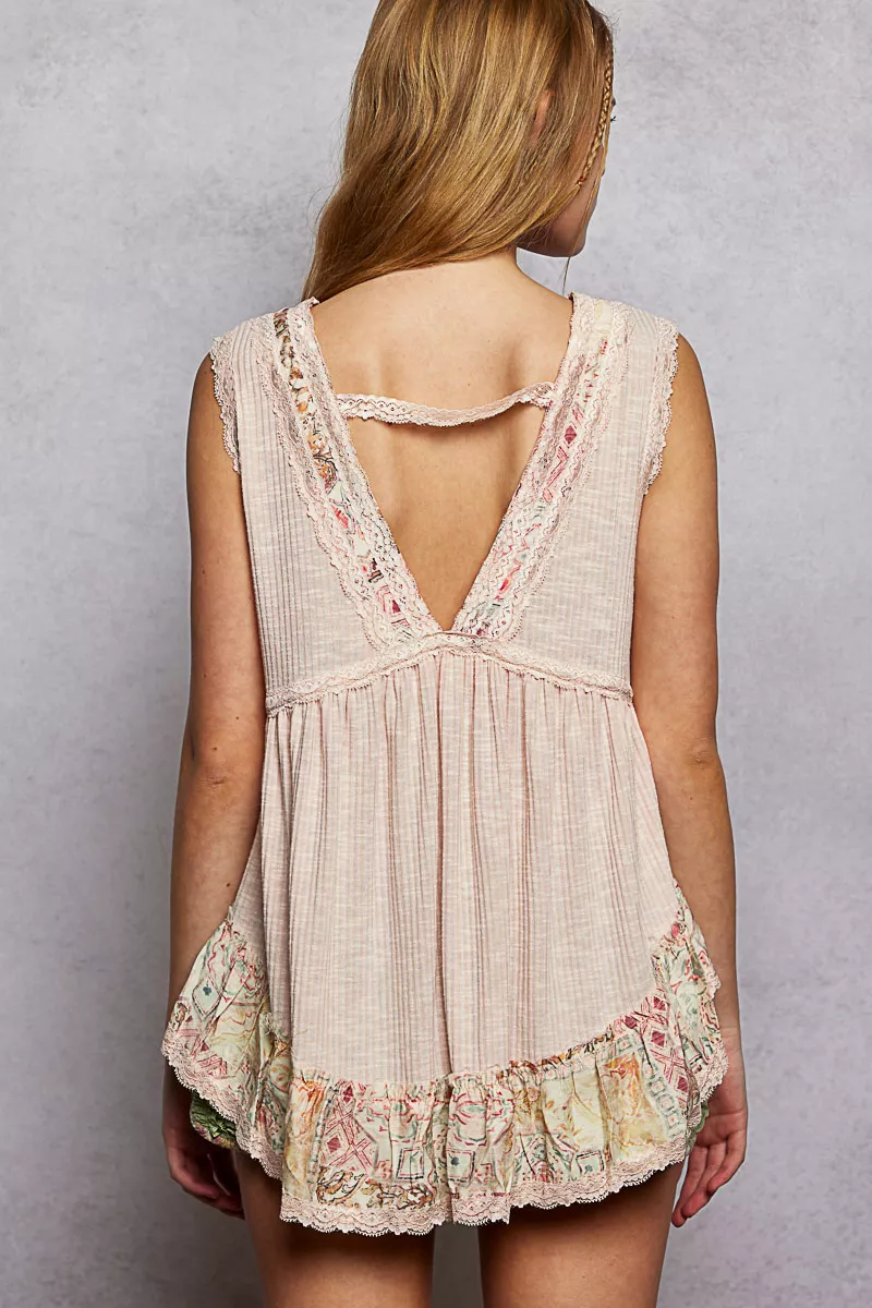 Lace Detail Ruffled Ribbed Sleeveless Top with Floral Pattern Trim Detail, image 4