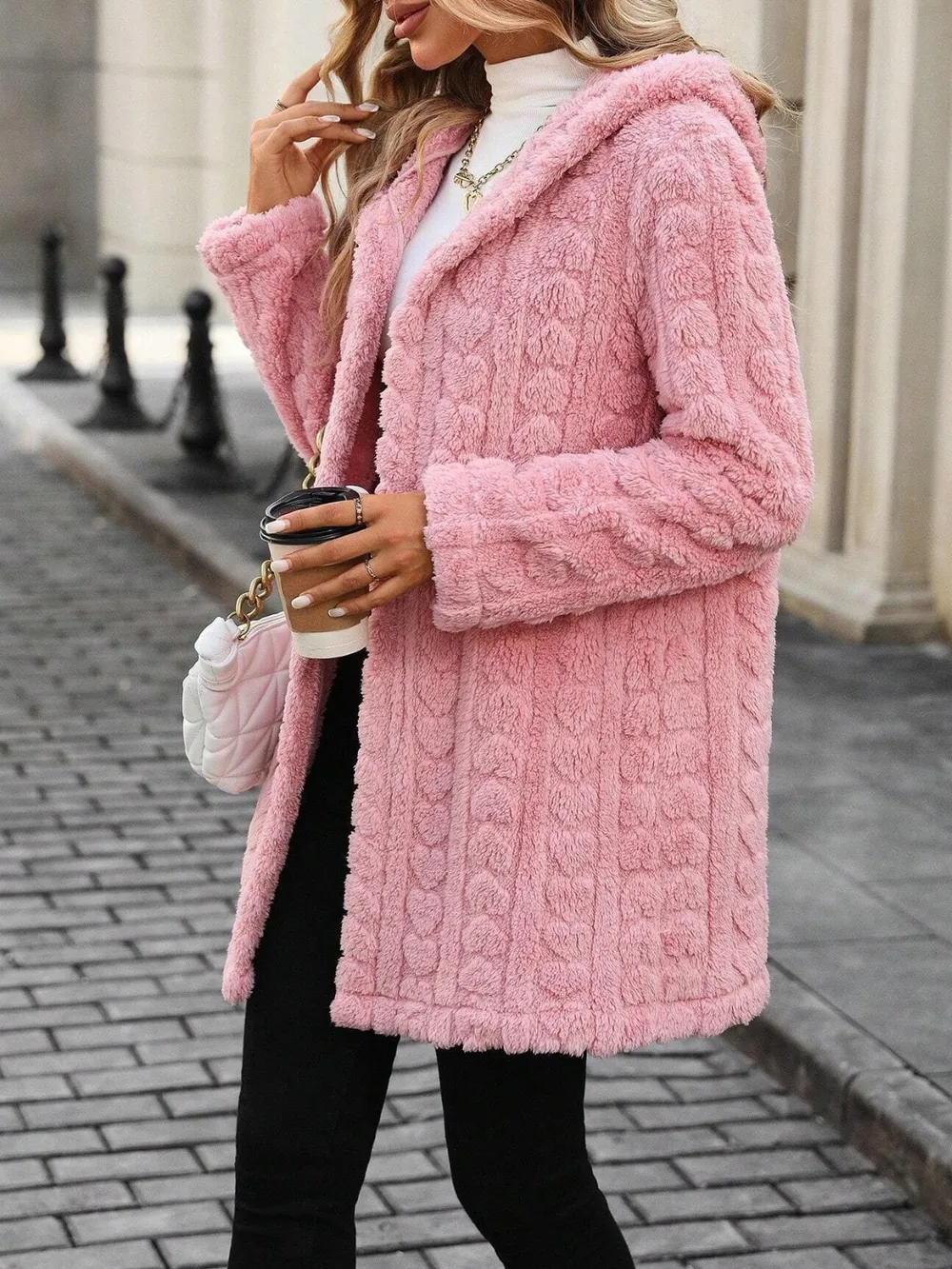 Heart Open Front Hooded Fuzzy Coat, image 4