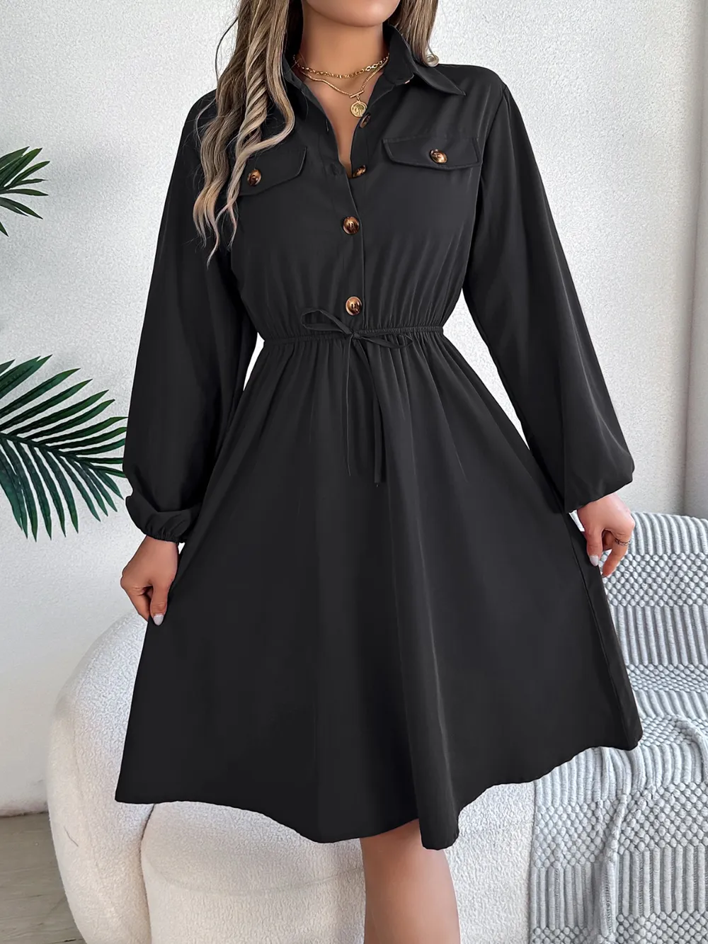 Collared Neck Long Sleeve Dress with Pockets, image 18