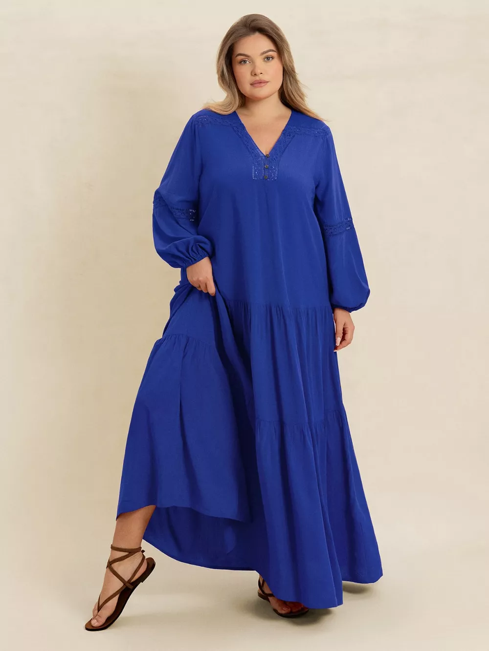 Plus Size Bohemian Tiered Maxi Dress with Balloon Sleeves, image 11