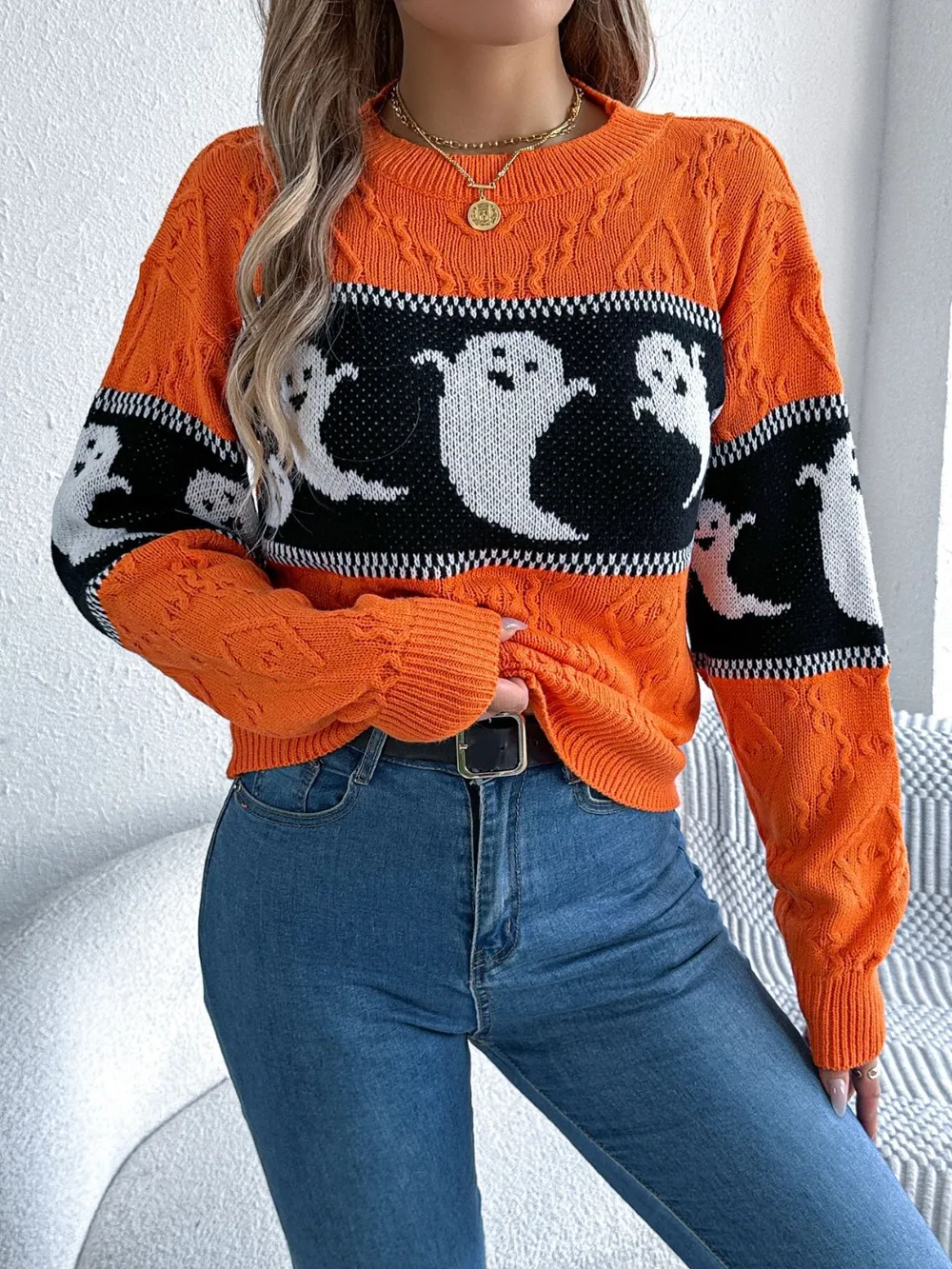 Ghost Round Neck Long Sleeve Sweater, image 5