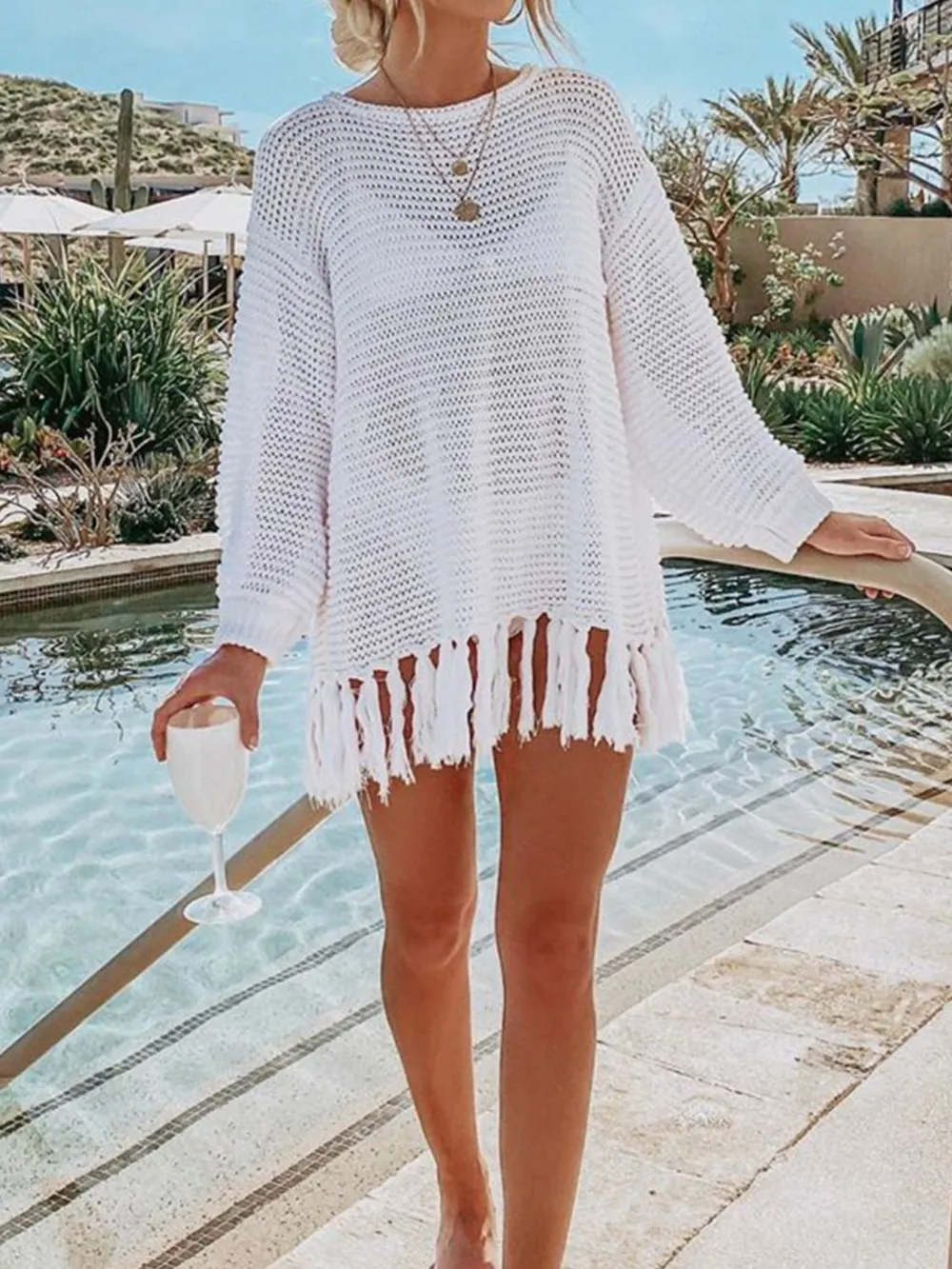 Openwork Tassel Hem Long Sleeve Knit Cover Up, image 4