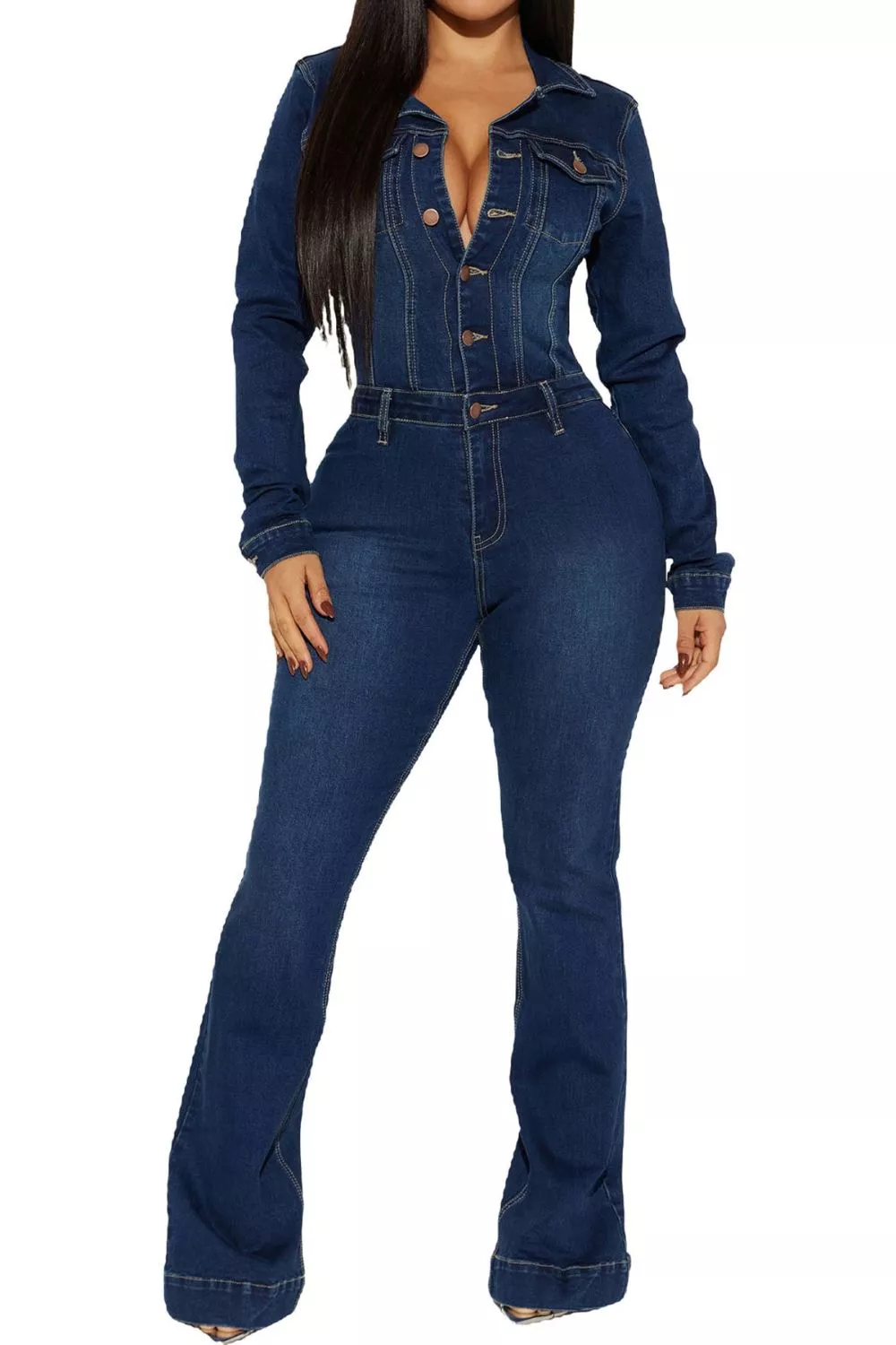 Slim-Fit Long Sleeve Denim Jumpsuit with Flared Legs, image 3