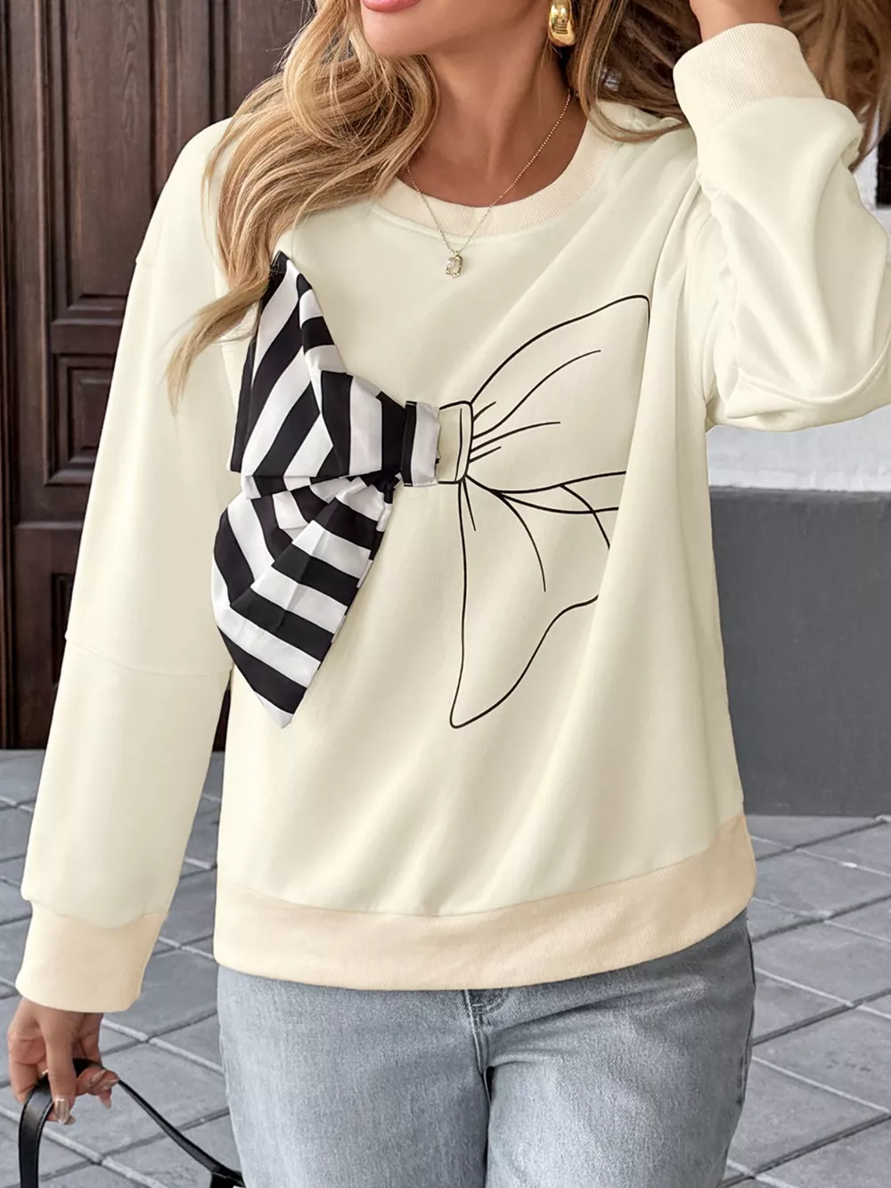 Bow Round Neck Dropped Shoulder Sweatshirt, image 3