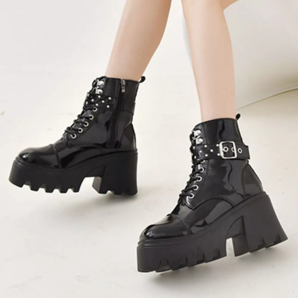 Platform Ankle Boots with Buckle and Studded Detail, image 3